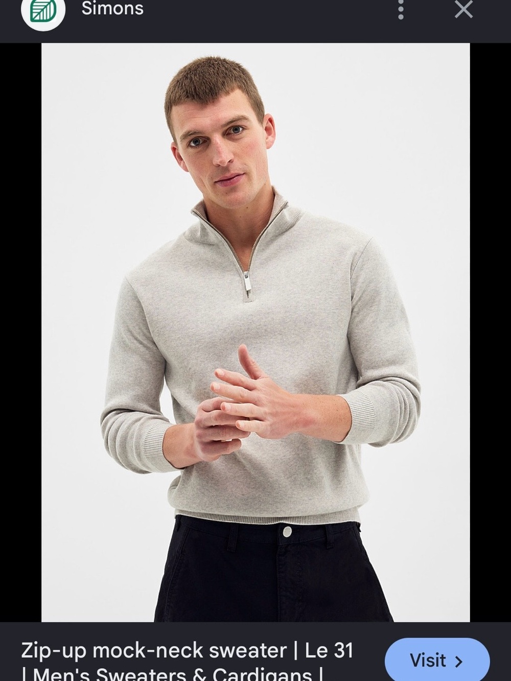 Simons Men's Light Gray Zip-Up Mock-Neck Sweater